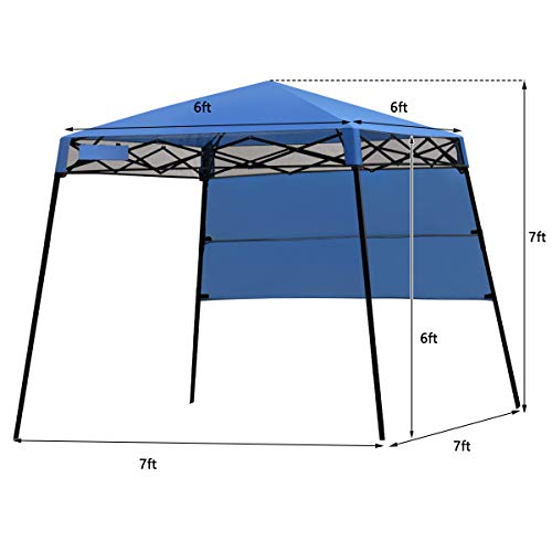 Tangkula 7x7 Ft Pop Up Canopy, Slant Leg Outdoor Tent with Carry Bag & 4 Stakes, Compact Portable Canopy Tent for Hiking Camping Fishing & Picnic, 7x7 Base, 6x6 top - color: Blue+Black, size: 7x7 Ft