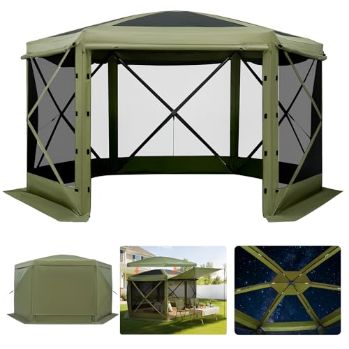 VEVOR Pop up Gazebo Screen Tent, 10 x 10 ft Large 6-Sided Camping Canopy Tent with Removable Top & Carry Bag, Quick-Set & Bite-Proof, Screen House Sun Shelter for 6-8 Persons Backyard Patio, Green - color: Army Green, size: 10 x 10 ft