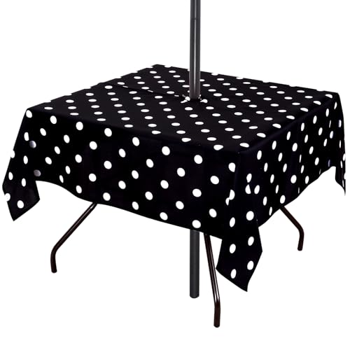 Poise3EHome Square Outdoor Tablecloth with Umbrella Hole and Zipper,Black Dot 60x60 Inch,Polyester SpillProof Washable Table Cloth for Spring Summer Patio Garden Poolside Picnic Camping BBQS - color: Black Dot, size: 60" x 60" (Square)