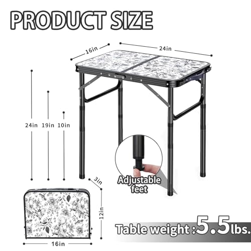 Outdoor Side Table, Portable 3 Adjustable Height Small Outdoor Folding Table, Aluminum Foldable Patio Side Tables for Outside Indoor, Plant Stand Coffee End Table for Pool, Porch,Garden, Balcony - color: Toile De Jouy