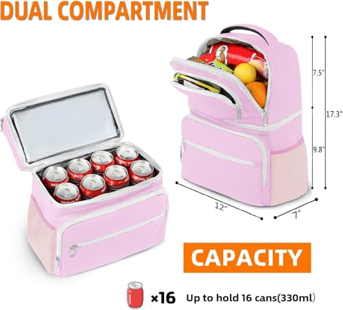 MATEIN Cooler Backpack, 26 Cans Insulated Lunch Backpack for Men Women, Leakproof Double Layer Lunch Cooler Bag Lightweight Soft Lunch Backpack with Cooler Compartment, Beach Camping Hiking Beer Gifts - color: Pink, size: 26 Cans