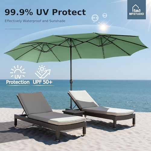 MFSTUDIO 15ft Double Sided Patio Umbrella with Solar Lights, Outdoor Large Umbrellas with Crank Handle and 36 LED Lights, Rectangular Market Umbrella with Base Included for Deck Pool Shade, Mint Green - color: Mint Green