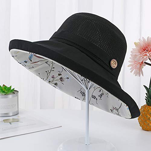 Women Mesh Sun Hats Summer Beach UV Protection UPF Packable Wide Brim Chin Strap - color: Black