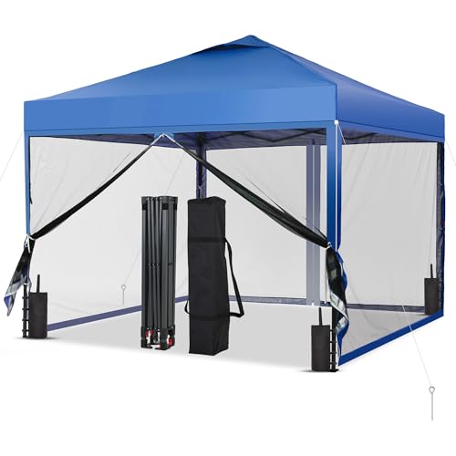 GDY 10x10 Pop up Canopy Tent with Mosquito Netting, Easy up Gazebo for Patio, Camping and Garden, Includes 4 Sandbags, Blue - color: Blue, size: 10x10 with Mosquito Netting