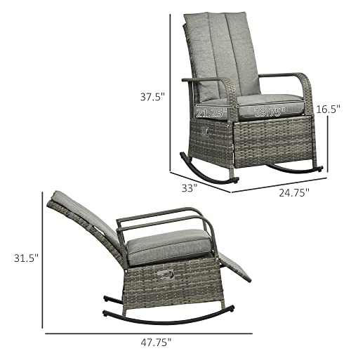 Outsunny Wicker Outdoor Rocking Chair, Patio Recliner with Adjustment Backrest, PE Rattan Lounge Chair with Adjustable Footrest and Cushions for Garden, Backyard, Porch, Gray - color: Grey