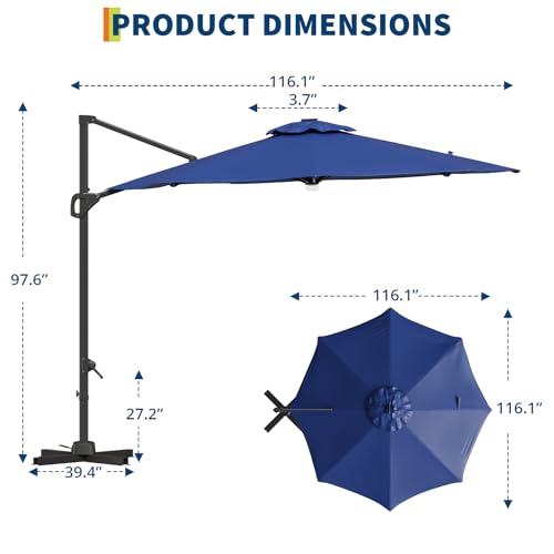 TrailBlaze 10ft Cantilever Patio Umbrella – 360° Rotating Offset Sun Shade with Adjustable Tilt, Waterproof Windproof 600D Oxford Canopy, Heavy-Duty Rustproof Aluminum Frame, Cross Base – Ideal for Garden, Patio, Poolside - color: Navy Blue