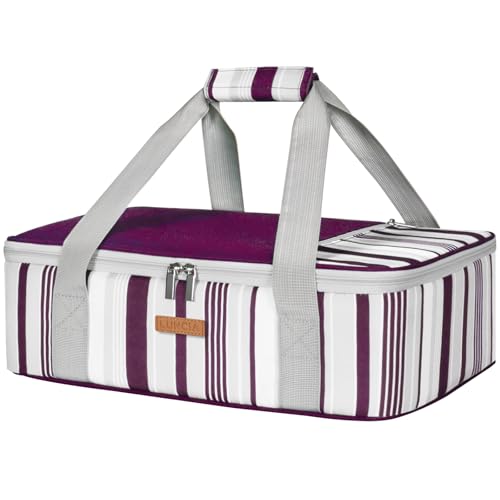 LUNCIA Insulated Single Decker Casserole Carrier, Lasagna Lugger Tote Keeps Food Hot or Cold, Thermal Lunch Bag for Potluck Parties, Picnic and Cookouts, Fits 9" x 13" Baking Dish, Purple - color: Purple, size: 15.7 x 11.4 x 4.7inch