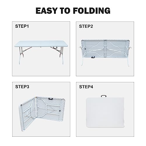 6ft Plastic Folding Table Portable Heavy Duty White Dining Table Fold-in-Half for Camp Party Kitchen Indoor Outdoor - color: White, size: 6FT1, style: Flat Desktop