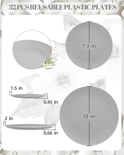WONDERFUL 32pcs Light Grey Plastic Plates Reusable Unbreakable & Dishwasher safe Dishes Set Outdoor Plates Includes:16 Dinner 10" and 16 Dessert Plate 7.3" Ideal for BBQ Camping Outdoor Party - color: Light Drey