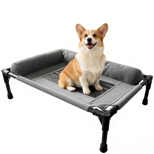 Raised Dog Bed for Small Dogs,Cooling Elevated Bolster Dog Cot,Indoor Outdoor Breathable Mesh Dog Hammock with Metal Frame,Dog Sofa Camping Dog Bed (31.5" L x 23.62" W x 6.69" H - color: Smoky Gray, size: 31.5*23.62*6.69