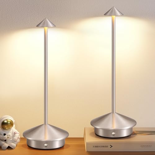 Modern Cordless Table Lamp Set of 2, Portable LED Desk Lamps, 5000mAh Rechargeable Battery Operated Lighting for Bedroom Dining Room Restaurant Coffee Shop Camping Night Light (Brushed Nickel) - color: Brushed Nickel (2 Pack)