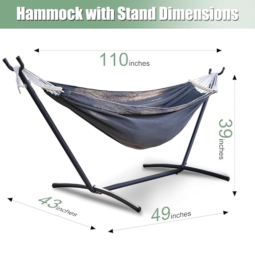Free Standing Hammock with Stand, 550lbs Capacity - Anti-Flip Curved Spreader Bars - Premium Cotton Portable Hammock for Deck, Porch, Garden - Easy Assembly with Carrying Bag, Heather Gray - color: Heather Gray