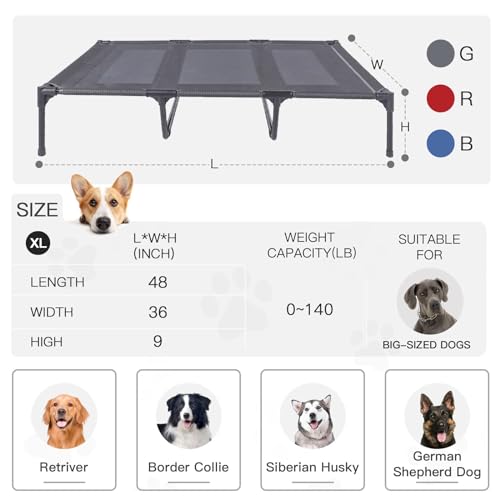Suddus Elevated Dog Bed for Large Dogs 140lb, Breathable Cooling Raised Dog Cot with Dual Support Bars & Metal Frame, No-Slip Feet, Waterproof Pet Bed for Indoor/Outdoor, X-Large, 48 * 36 * 9in, Grey - color: Grey, size: XL (48"L x 36"W x 9"H)