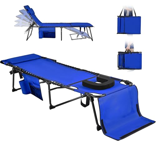 Yaheetech 22.4" Tanning Chair with Face Hole, Adjustable 5-Position Folding Chaise Lounge Chairs, Outdoor Lounge Chairs for Lawn, Beach, Sunbathing, Blue - color: Blue, size: 22.4"