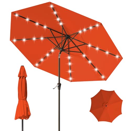 9FT Patio Umbrella with Solar Lights,Outdoor Market Umbrella with Tilt and Crank, LED Lighted Table Umbrella for Garden,Deck,Backyard,Pool,Beach (Orange) - color: Orange