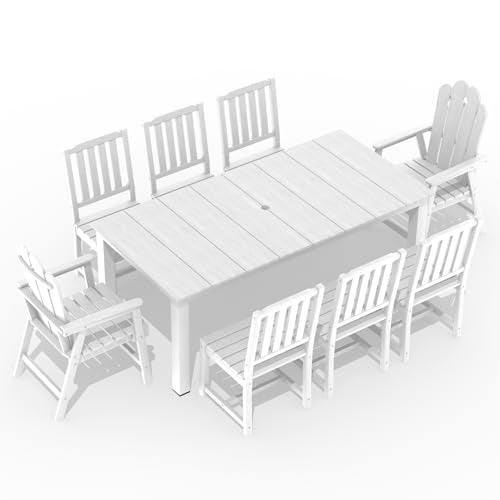 9-Piece Patio Dining Set, Outdoor Dining Set for 8, HDPE All-Weather Outdoor Furniture with 75.20” Umbrella Hole Table, 2 Armchairs & 6 Armless Chairs, White - color: White, size: 2 Armchairs & 6 Armless Chairs