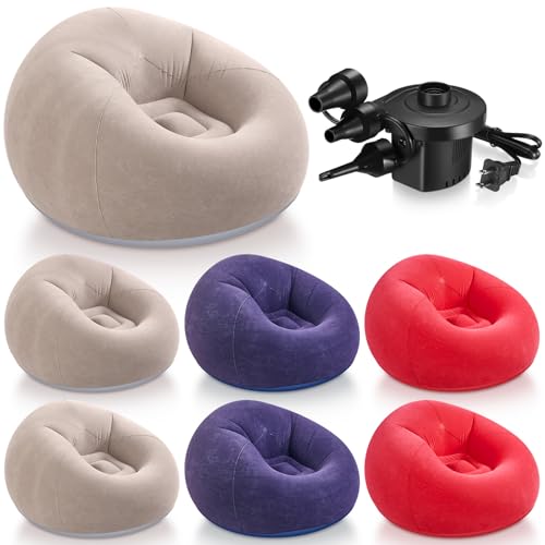 Realspring 6 9 12 Pcs Inflatable Bean Bag Chairs for Adults with Electric Air Pump, Blow up Couch Folding Portable Inflatable Couch Lazy Sofa for Outdoor Movie Night Camping(Coffee,Blue,Red,6 Pcs) - color: Coffee,blue,red