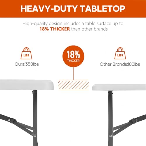 Folding Table 6FT 350 LBS Heavy Duty Foldable Table with 18% Thicker HDPE Waterproof Top, Portable Fold in Half with Handle, Reinforced Steel Frame for Indoor Outdoor Party Events - color: White-a, size: 6FT
