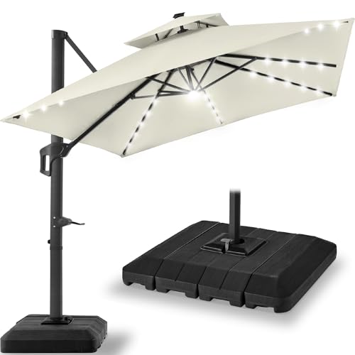 Best Choice Products 9x12ft LED Cantilever Patio Umbrella w/Base Included & 360° Rotation, Large Solar Offset Hanging Outdoor Sun Shade for Deck, Backyard Table w/Stand & Lights – Ivory - color: Ivory, size: 9x12ft