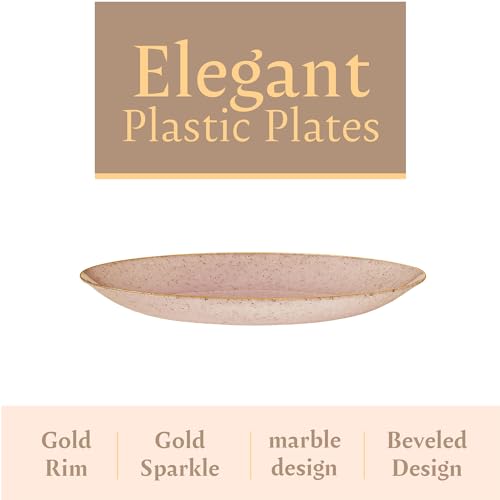 PLASTICPRO 32 Pack Elegant Disposable Plastic Plates Combo Set Includes 16 Dinner Plates and 16 Salad Plate Heavy Duty Fancy Party Plates Pink Granite Plate with Gold rim - color: Granite Collection Pink With Gold Rim