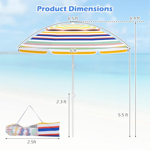 6.5 FT Beach Umbrella, Outdoor Umbrella Sun Shelter with 30° Adjustable Tilt, UPF 50+ Sun Protection, Carrying Bag, Vented Top & Sharp Anchor, Stripe Sunshade Parasol for Garden, Pool, Yard, Beach