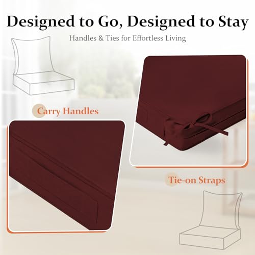 downluxe 22x22 Outdoor Chair Cushions, Waterproof Fade Resistant Patio Furniture Cushions with Handle & Removable Cover, Deep Seat Outdoor Cushions for Sofa, Couch and Patio Chairs, Burgundy - color: Burgundy, size: 22 x 22 Inch