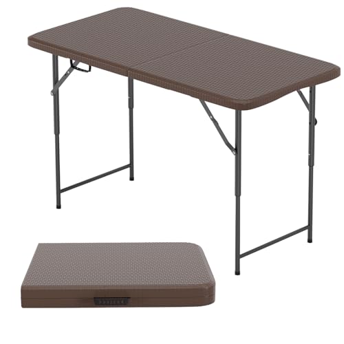 BestOffice 4 FT Picnic Table Folding Table Camping Plastic Table Fold Up Table Lock for Party Event, Brown Ratten - color: Brown Ratten, size: 4 FT