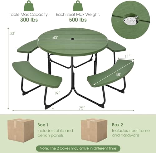 Round Picnic Table for Outdoors, 8 Person Outdoor Picnic Tables & Benches Set with Umbrella Hole, HDPE Tabletop & Metal Frame, 2000 LBS Capacity Table Bench Set for BBQ, Garden, Lawn, Patio - color: Green
