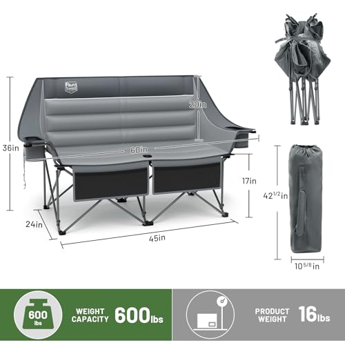 Timber Ridge Double Camping Chair, Heavy Duty Outdoor Folding Camp Couch, Loveseat Camping Chairs Perfect for Campsites, Patio/Lawn, Soccer Games or Other Youth Sports, Supports 600 lbs