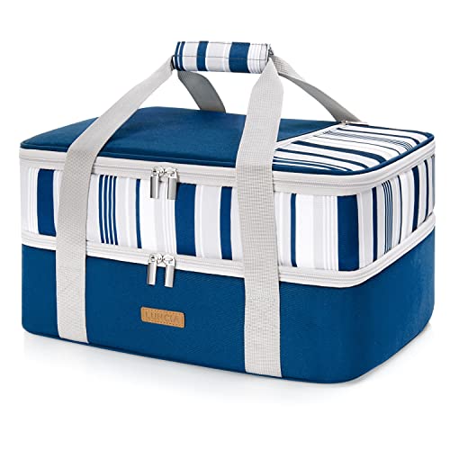LUNCIA Insulated Double Decker Casserole Carrier, Lasagna Lugger Tote Keeps Food Hot or Cold, Thermal Lunch Bag for Potluck Parties, Picnic and Cookouts, Fits 9" x 13" Baking Dish, Blue - color: Blue, size: 15.7 x 11.4 x 8.3inch