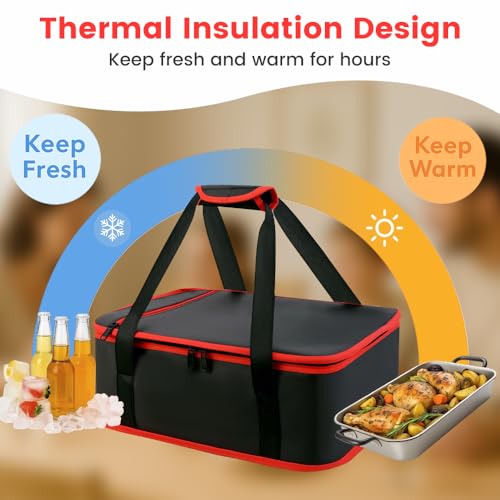 Insulated Resuable Casserole Carrier Bag for Hot or Cold Food, Foldable Portable Prep Carrier, Thermal Food Transport Bag for 9''x13'' & 11''x15'' Baking Pan, Travel Picnic Cake Dessert lunch, Black - size: Standard Black-Red