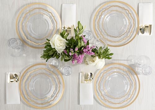 PLASTICPRO 32 Pack Elegant Disposable Plastic Plates Combo Set Includes 16 Dinner Plates and 16 Salad Plates Heavy Duty Fancy Party Plates Clear & Gold Contemporary Design - color: Clear & Gold Contemporary