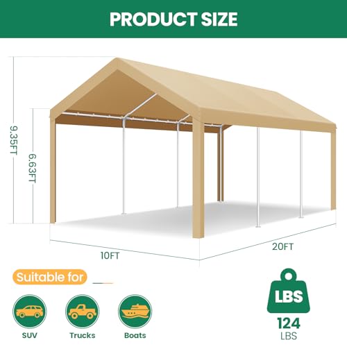 COBIZI Carports 10x20 Heavy Duty Car Tent Garage 2.0, Galvanized Frame Car Canopy Outdoor Shelter Waterproof & UV Protected with Windproof Ropes & Built-in Sandbags for Car Truck Boat, Khaki - color: Khaki, size: 10'x20'