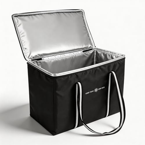 Insulated Food Delivery Bag, Large Durable Reusable Shopping Grocery Bag with Zipper – Foldable Thermal Cooler Bag for Hot & Cold Food, Pizza Delivery & Catering - color: Black 1