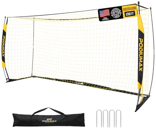 PodiuMax Soccer Goal, 12X6FT Soccer Goals for Backyard Training, Upgraded Collapsible Metal Base, Portable Soccer Goal for Indoor Outdoor, Easy Set Up Soccer Net with 1 Carry Bag & 4 Ground Stakes