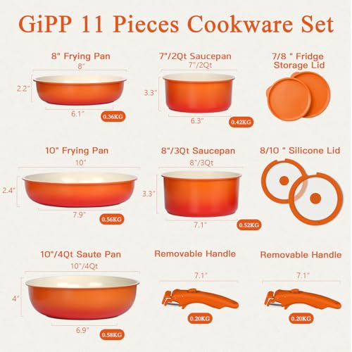 GIPP 11pcs Pots and Pans Set Non Stick, Nonstick Cookware Set Detachable Handle, Ceramic Pots for Cooking Non Stick with Removable Handle, RV Cookware Set for All Stoves, Orange Gradient - color: Orange Gradient, size: 11PCS