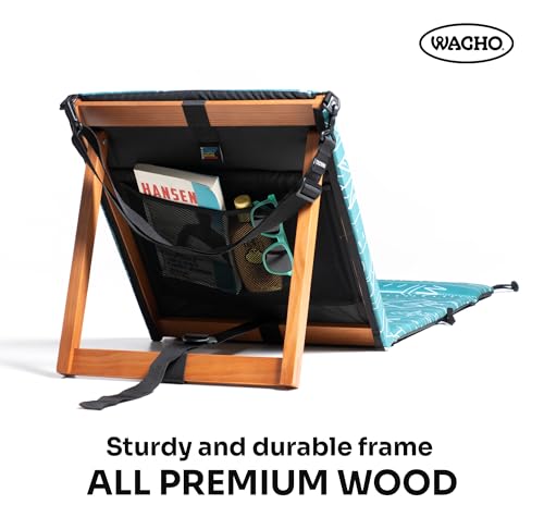 Wacho Outdoor Folding Beach Chair – Ultralight Reclining with Adjustable Wooden Backrest, Foam Padding & Water-Resistant Recycled Fabric – Portable Lounge Chair for Beach, Camping, Picnic – Blue Green - color: Blue Green