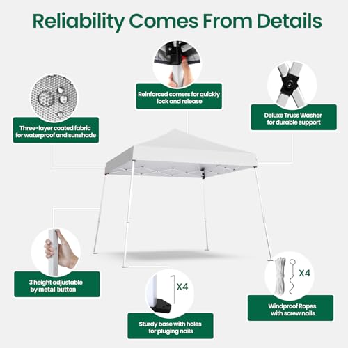 Pop-up Canopy Tent,Portable Outdoor Canopy for Parties Camping,Slant Legs Folding Tent,Sports Shelter,Beach Tent,Base 10x10 Top 8x8,3 Adjustable Height(White) - color: white, size: 8'x8'FT