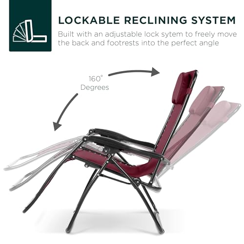Best Choice Products Oversized Zero Gravity Chair, Folding Outdoor Patio Lounge Recliner w/Cup Holder Accessory Tray, Pillow - Burgundy - color: Burgundy