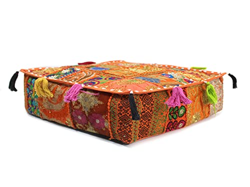Mam Treasures Indian Bohemian Decorative Pillow Vintage Cushion Cover Patchwork Square Floor Pillow Cover Meditation Cushion Large Floor Pillow Indian Cushion (Orange, 16 X 16 X 5 Inch) - color: Orange, size: 16" x 16" (Pack of 1)