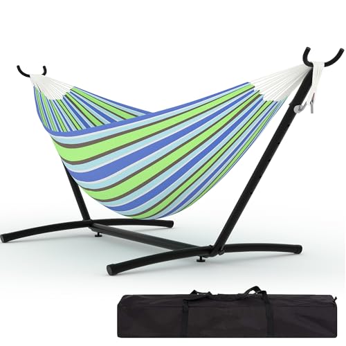 Double Hammocks with Stand for Outside, Portable Space Saving Heavy-Duty Steel Stand for Indoor Outdoor Patio with Carrying Bag, 450 lbs Capacity - color: Blue and Green Stripes