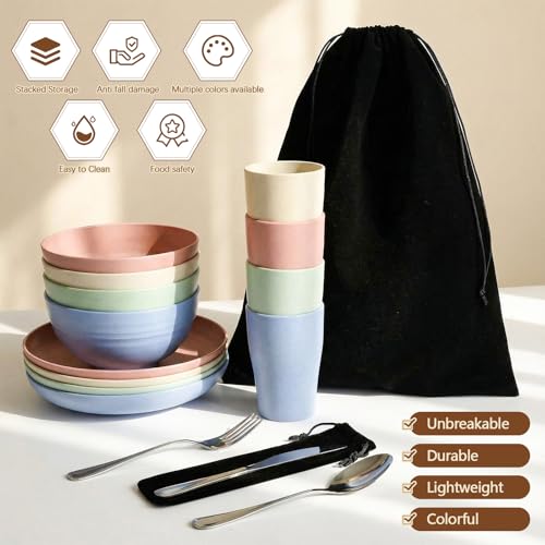Teenyyou 4 Sets Camping Mess Kits for 4 Person Camping Silverware Set Include Cup, Bowl, Plate, Knife, Spoon, Fork Cutlery Set Unbreakable Wheat Straw Dinnerware Utensils for Travel - color: Pastel Color
