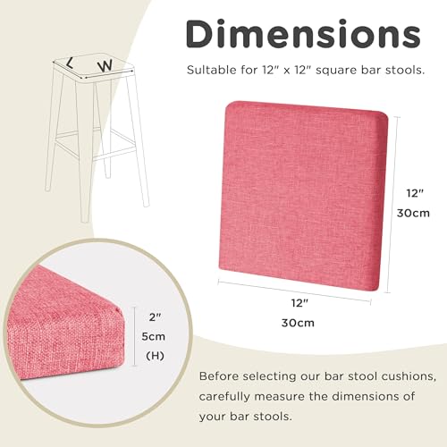 AddGrace Anti-Slip Bar Stool Cushions Square Bar Stool Seat Cushions with Ties Set of 4 Small Square Chair Pads with Machine Washable Cover 12"X12"X2" (Pink) - color: Pink