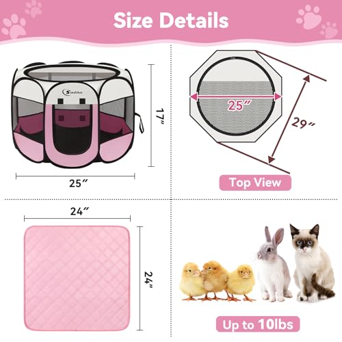 Siedihit Dog Cat Playpen, Puppy Pet Playpen Indoor for Small Dog Crate Tent Cage Outdoor, Portable Pop Up Dogs Enclosure Kennel with Carrying Case for Dogs/Cats/Rabbits(Pink, Small with pad) - color: Pink with Pad
