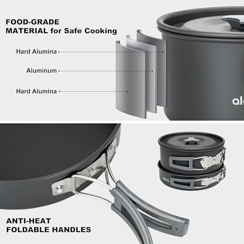 Alocs Camping Cookware Set - Lightweight Camping Pots and Pans - Portable Outdoor Cookware with Kettle - Camping Cookware Mess Kit for 2 - style: Ultimate Value Kit (17-piece)