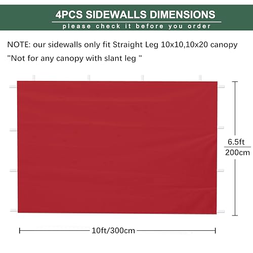 SideWalls for 10x10 Pop up Canopy Frame, 3 Pack Red SunWall and 1Pack Door Only, Red (with Zippers) - color: Red, size: 4 Sidewalls