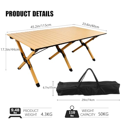 rollingsurfer Folding Camping Table, Lightweight Roll-Up Table Aluminum Low Portable Picnic Table with Carrying Bag for Outdoor, Beach, Picnic, Backyards, BBQ and Party, 45.2''D x 23.6''W x 17.3''H - size: 45.2in