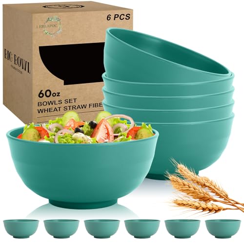 60 OZ Large Salad Bowls, Wheat Straw Camping Bowl Set of 6, Unbreakable Plastic Serving Bowls, Microwave & Dishwasher Safe Large Dinner Bowl for Kitchen & Outdoor, Green - color: Green, size: 60 Oz