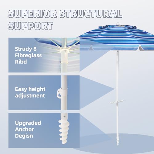 Aoxun Beach Umbrella with Tilt Pole, Portable Sand Anchor and Carry Bag, UPF 50+ Sun Shelter Air Vents Design for Outdoor (Navy Blue & White), 7ft - color: Stripe Blue, size: 7ft
