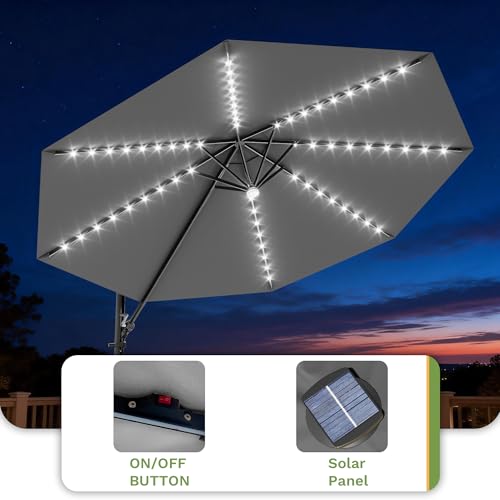 Patiowell 10 FT Patio Umbrella with Solar LED Light, Outdoor Cantilever Umbrella with 360 Degree Rotation, Outside Large Round Sun Umbrella with Frame for Backyard Garden Poolside, Gray - color: Gray with Light, size: 10 FT